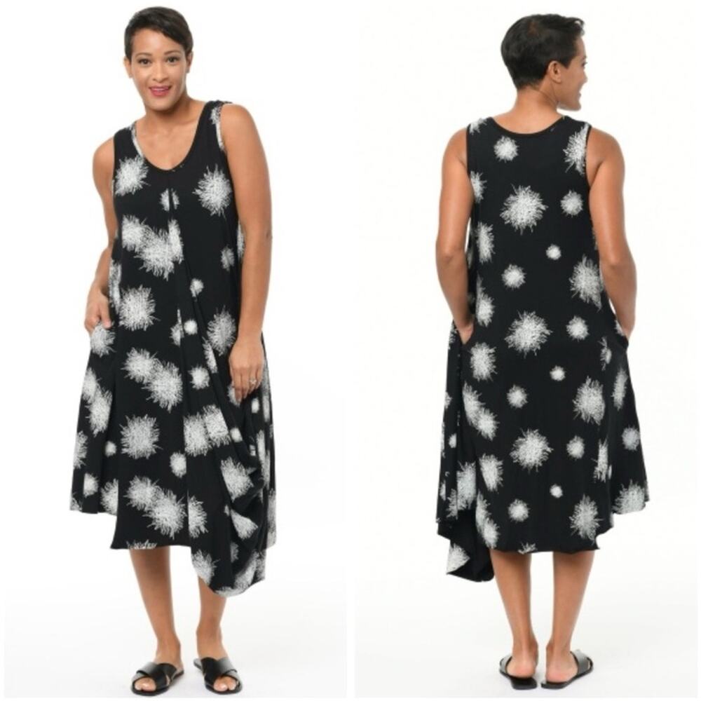 Snapdragon & Twig Angelina Dress Asymmetrical Draping Black Mini Scribble - XS